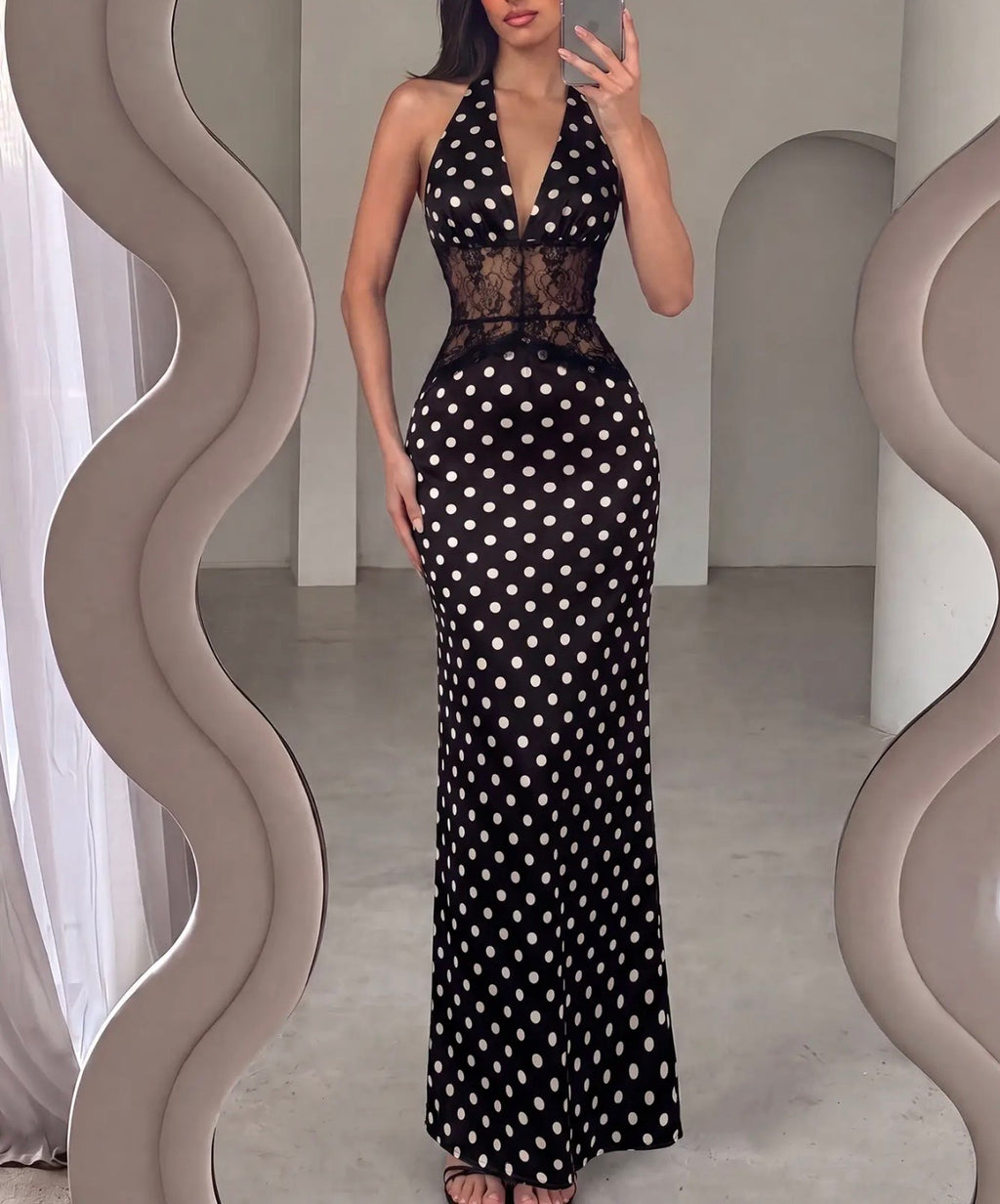 Polka dots backless maxi dress